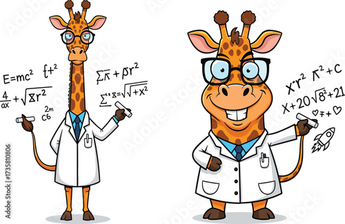 Funny cartoon giraffe scientist with glasses and white lab coat writing math formulas, educational animal character illustration for science learning
