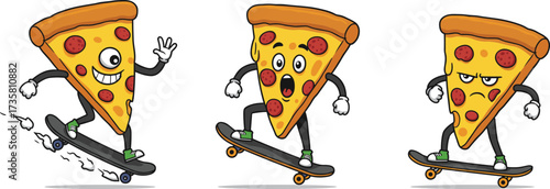 Funny cartoon pizza slice skateboarding, pepperoni pizza character with emotions, vector illustration, extreme sport food mascot, playful fast food design, isolated