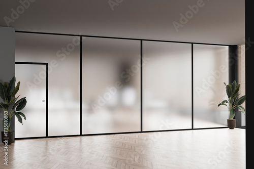 Modern office with frosted glass walls mockup