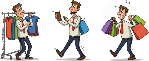 Funny cartoon man shopping with bags, male customer illustration, clothing store, fashion lifestyle, retail buyer, consumerism concept, vector art design