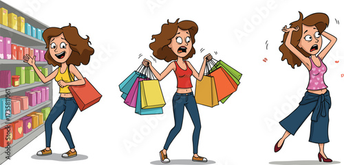 Funny cartoon woman shopping with bags, emotional female character illustration, retail store, fashion lifestyle, buyer expressions, consumerism concept, vector art design