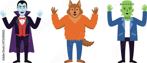 Halloween monsters cartoon characters, vampire werewolf Frankenstein illustration, spooky costume party design, scary horror creatures artwork, festive celebration vector graphic drawing