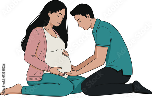 Happy couple expecting baby, husband touching pregnant wife belly, family love, parenthood, pregnancy care, illustration for motherhood, family life concept