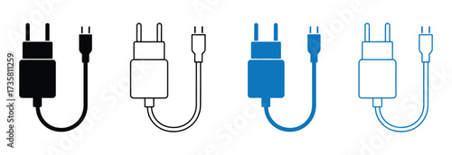Illustration of charger and cable, depicting various color schemes and design styles for charging electronic devices, suitable for technology or accessory themes