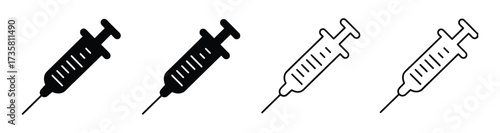 Vector art of four syringe icons, depicting medical injection, vaccination, and healthcare, representing treatment, immunization, and the administration of medicine for patient wellbeing