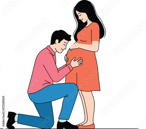 Pregnant woman with husband, caring father touching belly, maternity illustration, expecting baby, family love, parenthood concept, happy couple support together