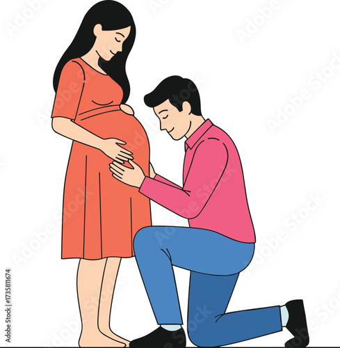 Pregnant woman with husband, family love, caring father touching belly, parenthood illustration, maternity concept, expecting baby, happy family support