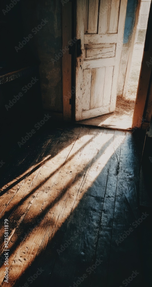 Obraz premium Sunlight streams through an antique, weathered door, casting dramatic shadows on a worn wooden floor, creating a sense of mystery and serenity.