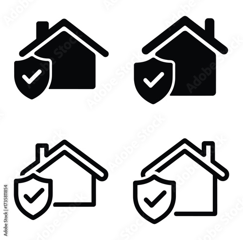 Vector art of four house insurance icons, showcasing property protection with shield symbols, representing safety, security, and assurance for homeowners and their valuable assets