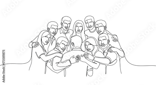Continuous line drawing of people hugging unity and support concept vector illustration