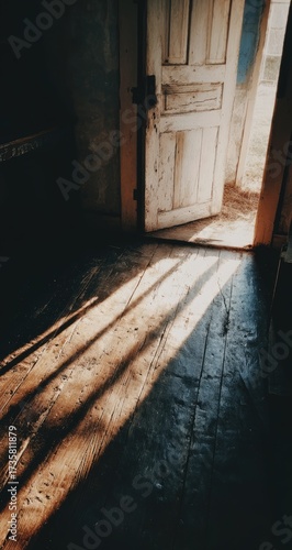 Sunlight streams through an antique, weathered door, casting dramatic shadows on a worn wooden floor, creating a sense of mystery and serenity.