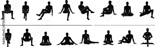 Silhouette people sitting on floor, yoga posture collection, meditation body language, relaxation positions, exercise poses, healthy lifestyle, wellness sitting poses, fitness balance