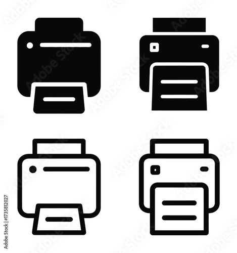 Vector art of four printer icons, showcasing different design styles and line thicknesses, perfect for representing printing functionality in digital interfaces and applications
