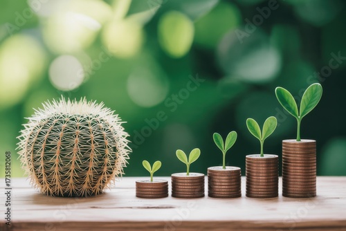 Conceptual image illustrating financial growth and investment returns, with seedlings sprouting from ascending coin stacks in a lush, natural setting