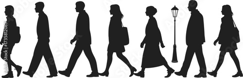 Silhouette people walking, urban pedestrians, men and women figures, street lifestyle, vector illustration, business commuters, modern city design, outdoor activity, crowd movement, daily routine