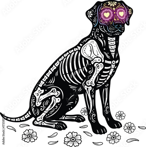 Day of the Dead dog skeleton with colorful skull mask and flowers illustration