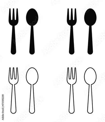Vector art of four variations of fork and spoon icons, displaying different styles and line thicknesses, suitable for representing dining or culinary themes in digital designs