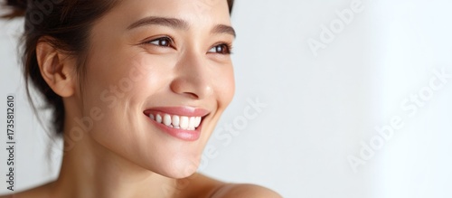 Radiant Smile: A close-up shot of a woman, radiating happiness with a genuine smile, capturing the essence of positivity and joy, soft and clean.