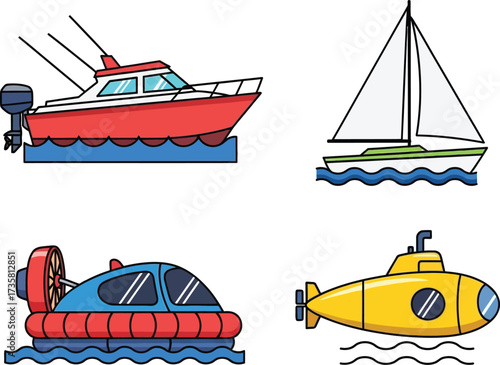 Boats vector illustration set boats sailboat motorboat submarine