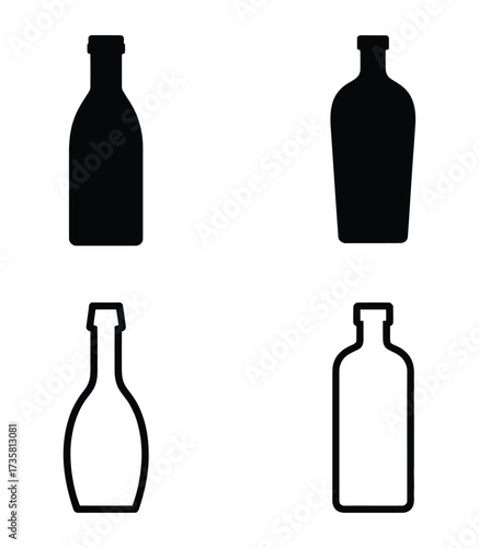 Illustration of bottles in various shapes, , suitable for beverage, container, and liquid themes, vector graphics, and productrelated visuals