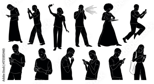 Silhouettes of people using smartphones diverse group in various poses vector illustration on white