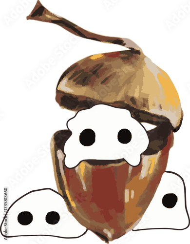 A playful illustration where a brown acorn with its cap slightly lifted reveals a simple white ghost shape staring out from inside. Two other small ghosts are peeking out from below. The design has an