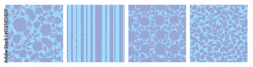 Hand drawn vector dahlia flower, leaves, stripes seamless patterns in blue and purple color. Garden plant background set.