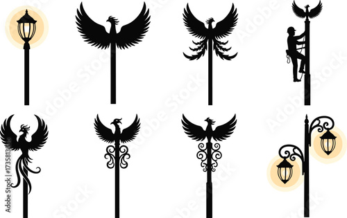 Vector illustration of phoenix street lamps, glowing lantern posts, worker climbing pole, decorative bird designs, mythical lighting, and artistic outdoor lamps.