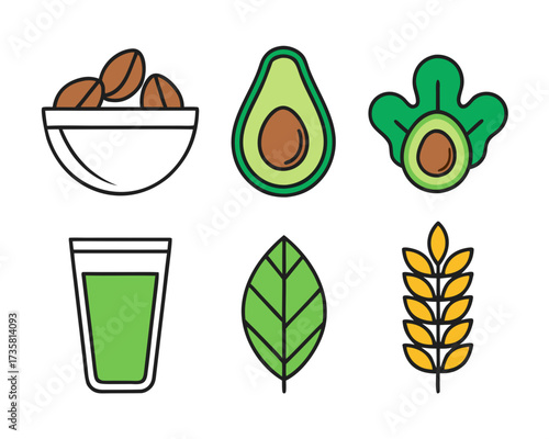 A collection of six flat design icons representing healthy food and drink items.
