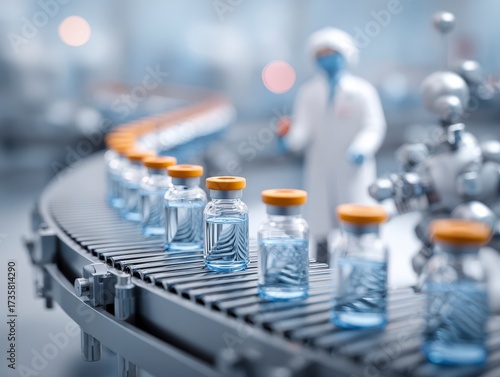 Modern Pharmaceutical Production Line with Glass Vials and Researcher in Lab Coat and Blue Mask on Conveyor Belt