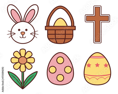 Easter-themed illustration featuring a bunny, basket, cross, flower, and decorated eggs, perfect for holiday designs.