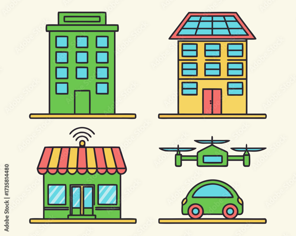 Fototapeta premium A collection of modern urban elements including buildings, a drone, and a car, representing smart city concepts.
