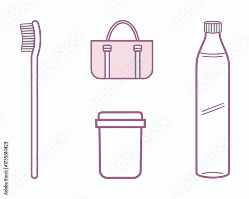 A collection of personal hygiene and travel items, including a toothbrush, a small bag, a container, and a bottle.