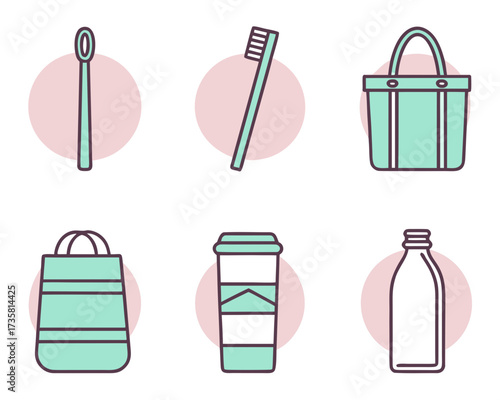 A collection of six minimalist line art icons featuring everyday items like a toothbrush, ear pick, tote bags, a coffee cup, and a bottle, set against pink circles.