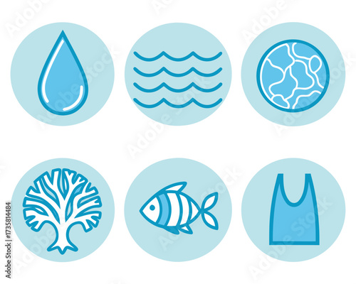 Blue icons representing water, earth, marine life, and plastic pollution, symbolizing environmental concerns and conservation.