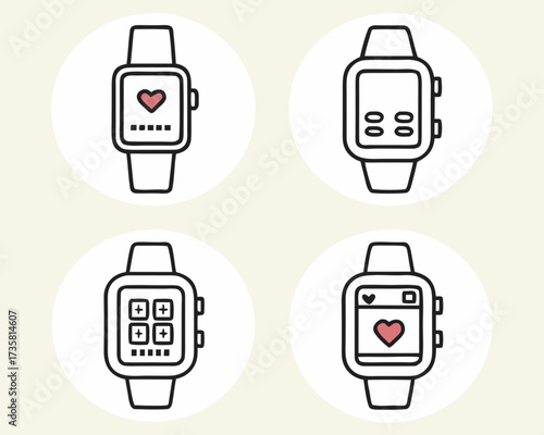 A collection of four smartwatch icons with different user interfaces, including health tracking with a heart symbol and an app grid.