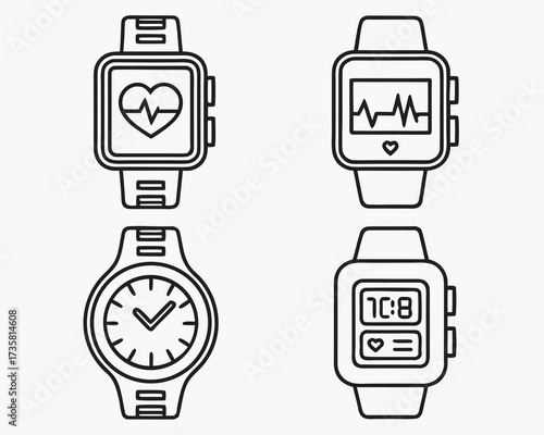 A collection of four black and white line art icons depicting various watches, including smartwatches with health tracking features and a classic analog watch.