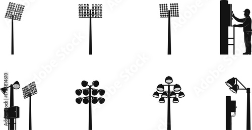 Vector illustration of stadium floodlights, tall lighting poles, worker silhouette repairing lamps, sports field illumination, and modern outdoor lighting design.