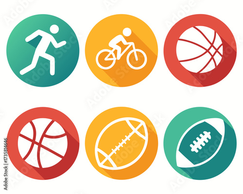 A collection of six circular icons representing various sports and activities, including running, cycling, basketball, and football.