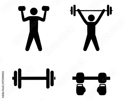 Collection of fitness icons depicting various weightlifting exercises and equipment for physical training.