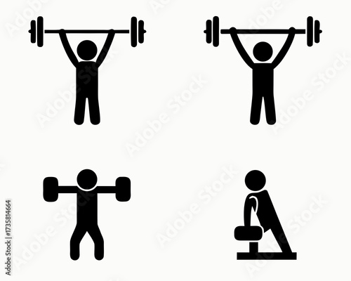 Four black stick figure icons representing different weightlifting exercises, including overhead lifts and bicep curls.