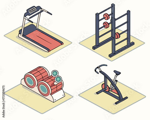 Isometric view of fitness equipment including a treadmill, weight rack, exercise bike, and roller machine.