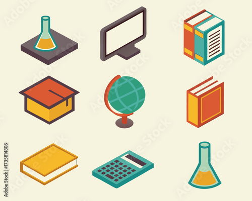 A collection of isometric icons representing various educational and scientific tools and symbols.