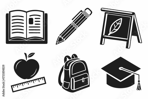 A set of six black and white icons representing various school and educational items like a book, pencil, backpack, and graduation cap.