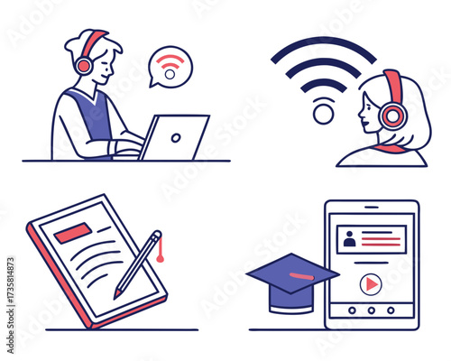 Illustration of online learning and digital education concepts, including students with laptops, video calls, digital notes, and mobile learning.