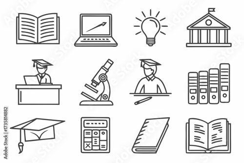 Line art icons representing education, learning, and academic concepts including books, students, and school supplies.