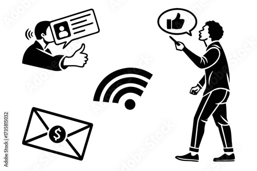 A set of black and white icons illustrating modern digital communication, social media, and online commerce concepts.