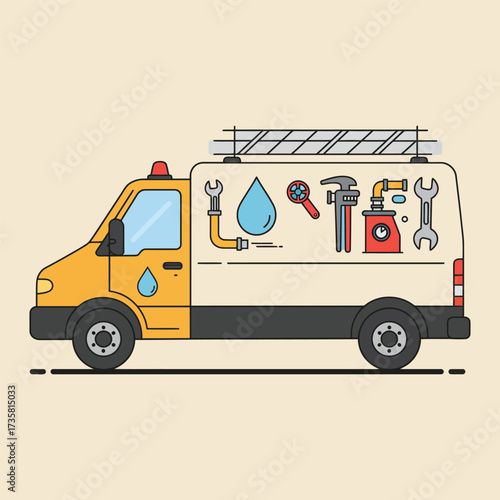 Plumbing Service Van with Tools Illustration plumber repair maintenance vehicle transportation water pipe wrench adjustable