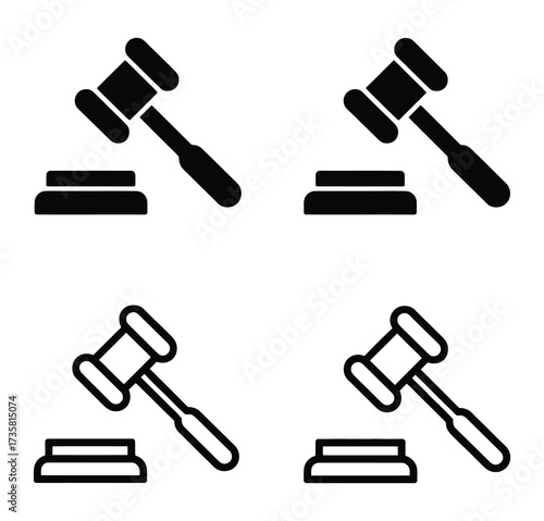 Vector art of four gavel icons are presented, two in solid black and two in outline style, each paired with a striking block, , symbolizing justice and legal proceedings