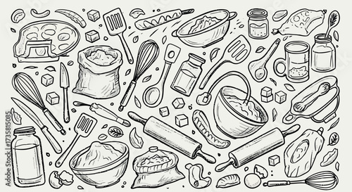 Hand-drawn baking ingredients and kitchen utensils sketch style vector illustration for culinary des